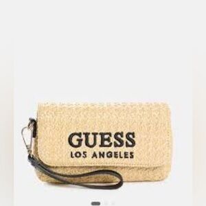 Guess Beige Woven Wristlet with Black Accents